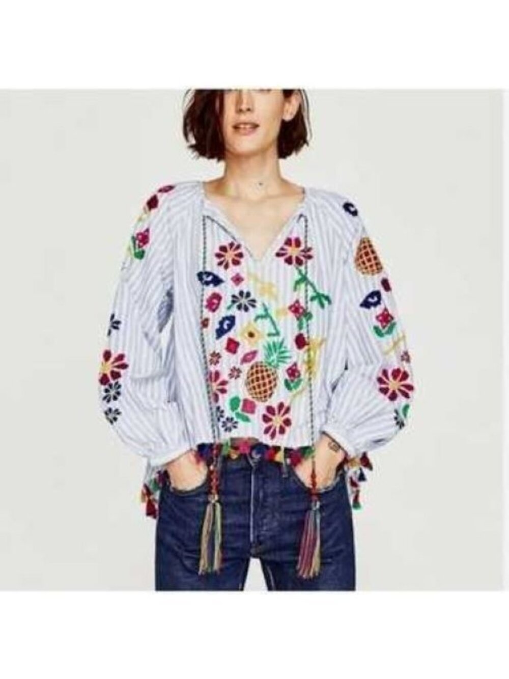 new Zara Boho Embroidered  Top  Blue Striped Tassel Tie BOHO Colorful  Artsy XS